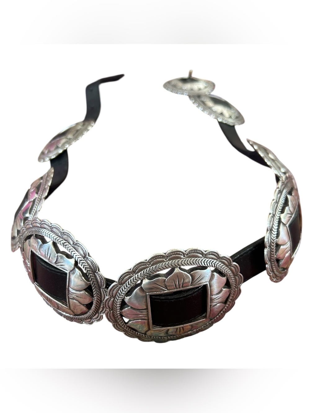 VTG Brighton | Women’s Silver Sunflower Black Leather Adjustable Concho Belt L